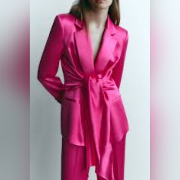 ZARA SATIN BLAZER WITH TIE PINK/FUCHSIA Size XL NWOT - Picture 1 of 6